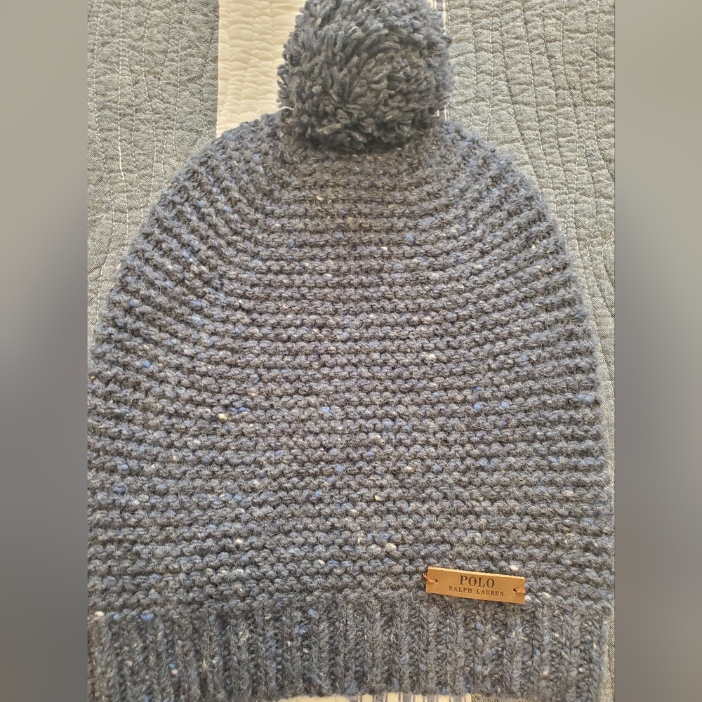Polo Ralph Lauren beanie hat in heathered blue with leather sewn on polo badge